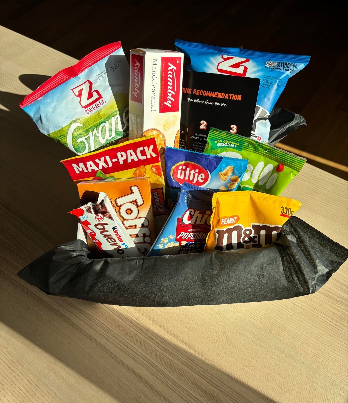 Snacks from the Movie Night Box arranged for a shot